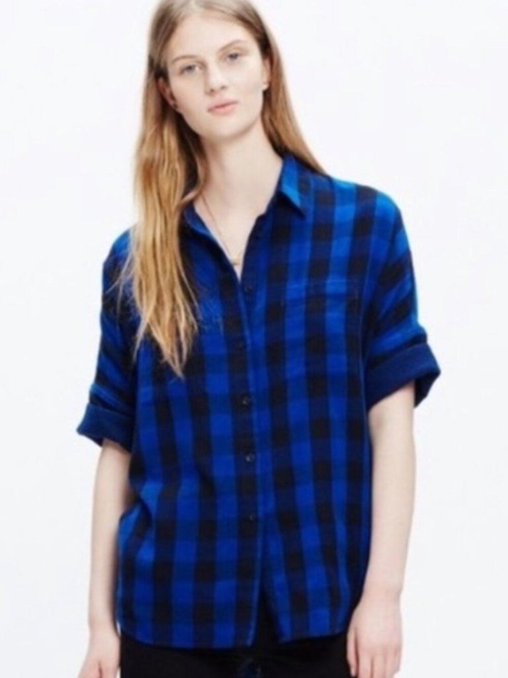 Vintage Madewell FA15 Navy Black Plaid Cotton Courier Button Down Shirt - XXS